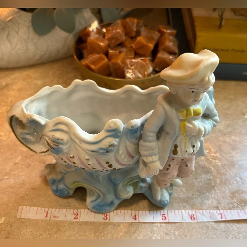 Vintage Victorian Bisque Colonial Boy Blue Ornate Shell Planter Vintage Japan